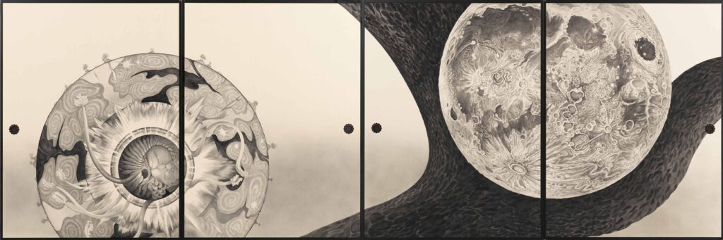 鴻池朋子《襖絵（地球断面図、流れ、竜巻、石）》2020年（18面のうち4面）©️Tomoko Konoike